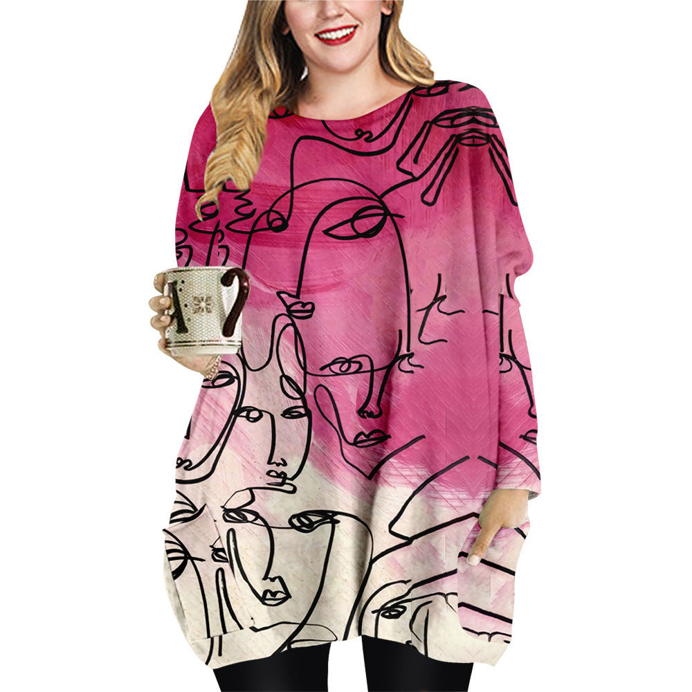 Abstract Face Plus Size Women's Crew Neck Top