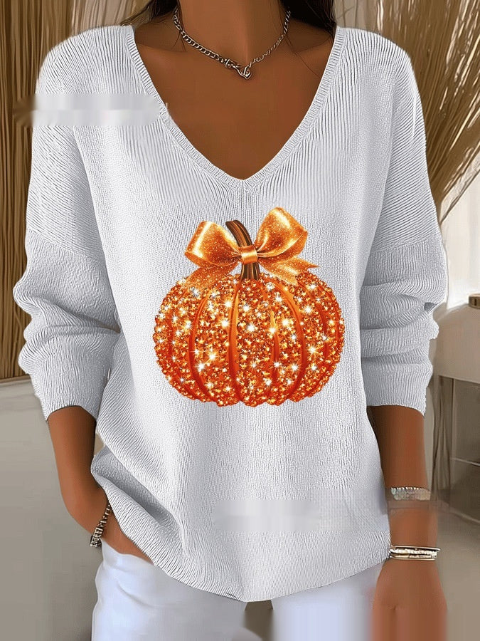Women's Halloween/Fall Printed V-neck Sweater