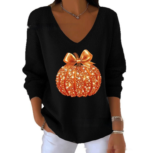Women's Halloween/Fall Printed V-neck Sweater