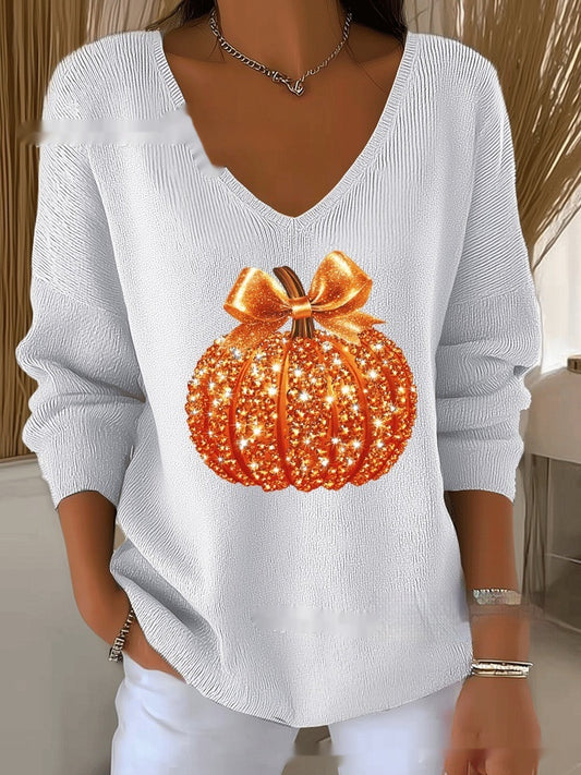 Women's Halloween/Fall Printed V-neck Sweater