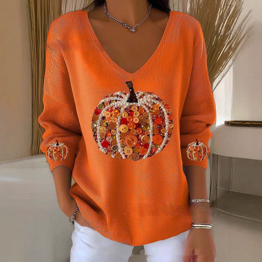 Women's Halloween/Fall Printed V-neck Sweater