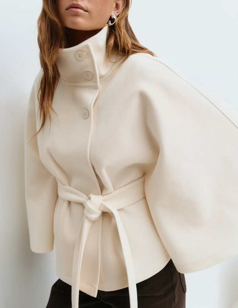 Winter High Neck Batwing Sleeve Coat With Belt