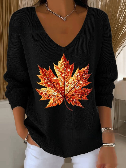 Women's Halloween/Fall Printed V-neck Sweater