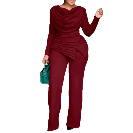 Plus Size Two-Piece Set - Straight Leg Pants & Long Sleeve Top