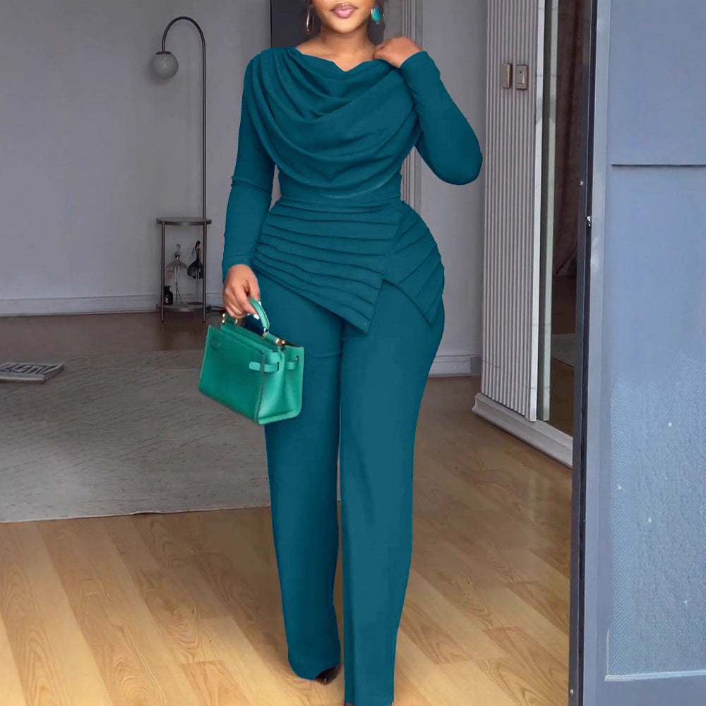 Plus Size Two-Piece Set - Straight Leg Pants & Long Sleeve Top
