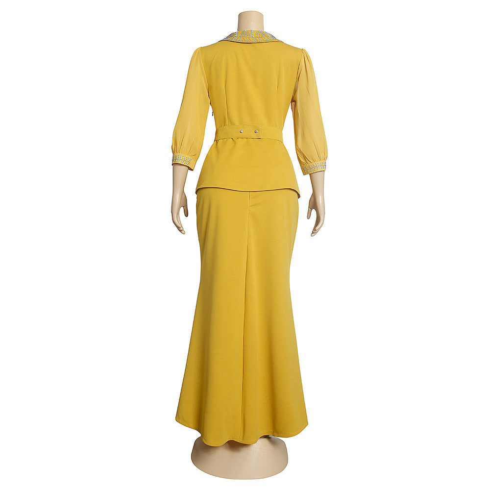 Plus Size Women's Fashion Heavy Embroidery Hot Drilling Top Fishtail Skirt Two-piece Suit