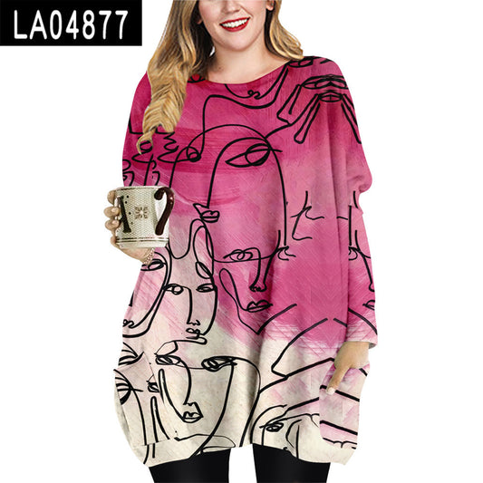Abstract Face Plus Size Women's Crew Neck Top