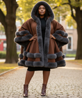 Load image into Gallery viewer, African-American plus-sized model in brown coat
