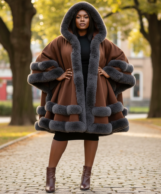 African-American plus-sized model in brown coat