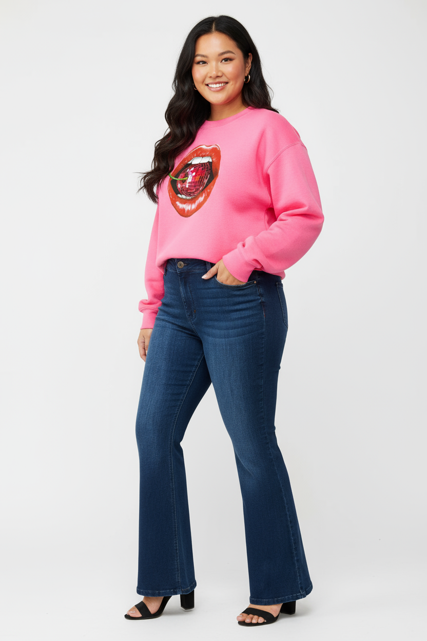 Asian woman in disco cherry sweatshirt and jeans