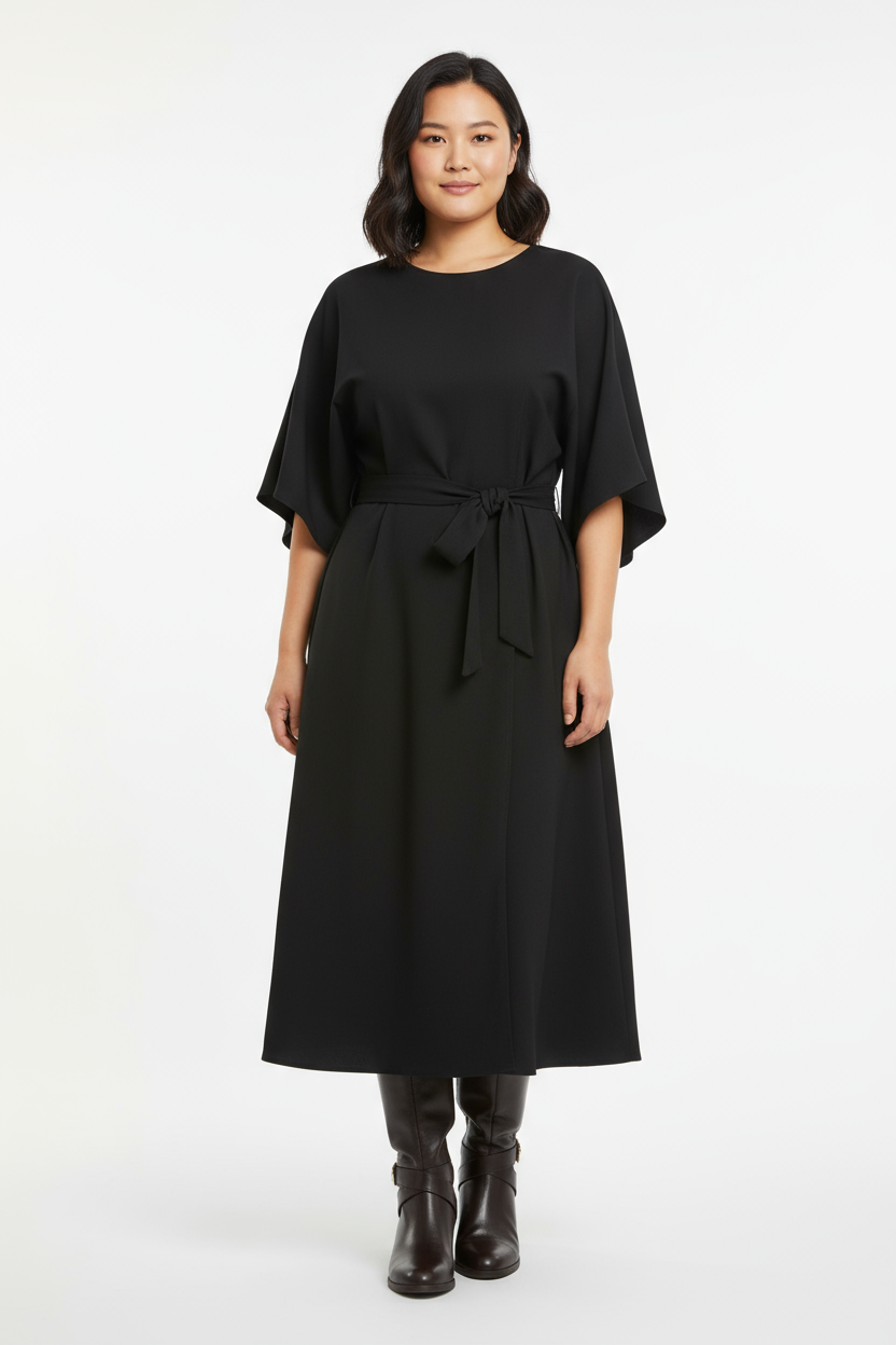 Asian woman wearing Batwing Dress with Snowd Riding Boots