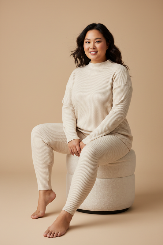 Plus Ribbed Mock Neck Long Sleeve Top&Leggings Set