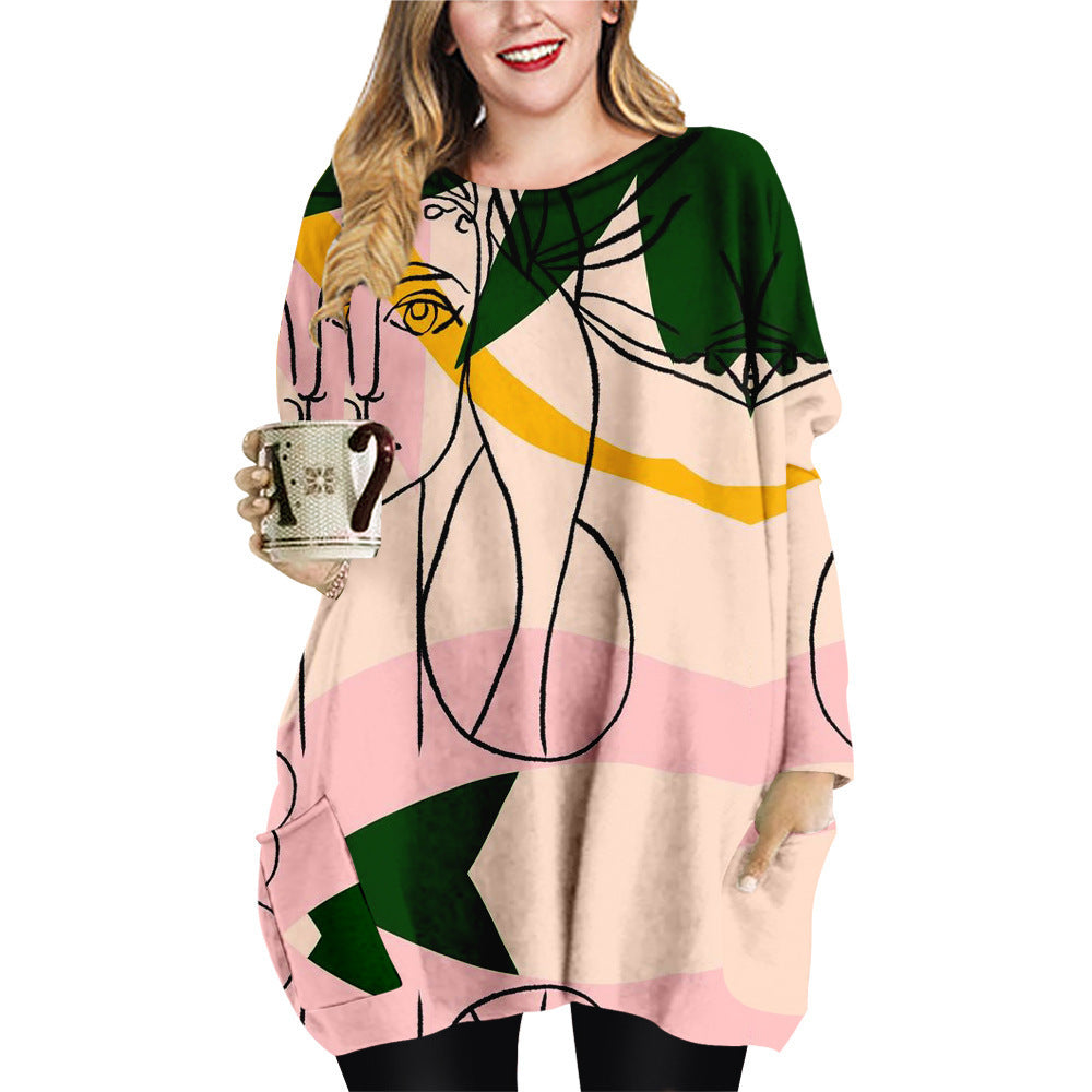 Abstract Face Plus Size Women's Crew Neck Top