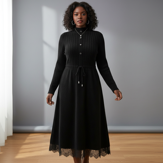 Black plus-sized model in black mink fleece dress