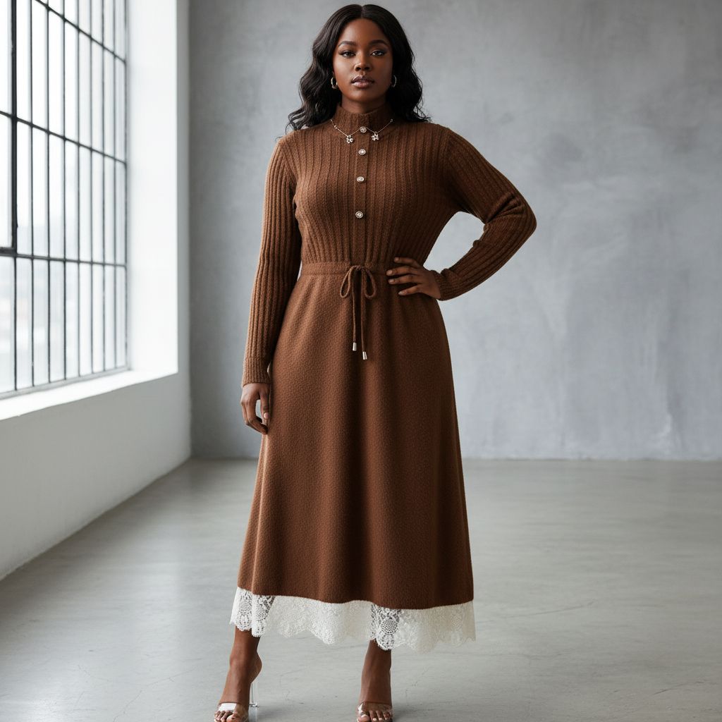 Black plus-sized model in brown mink fleece dress