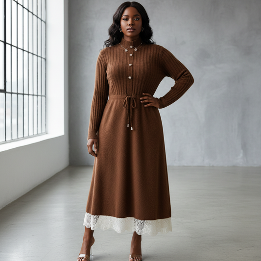 Black plus-sized model in brown mink fleece dress