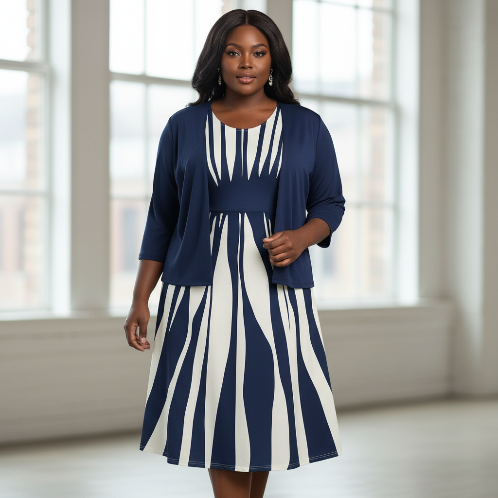 Black plus-sized model in dark blue geometric print