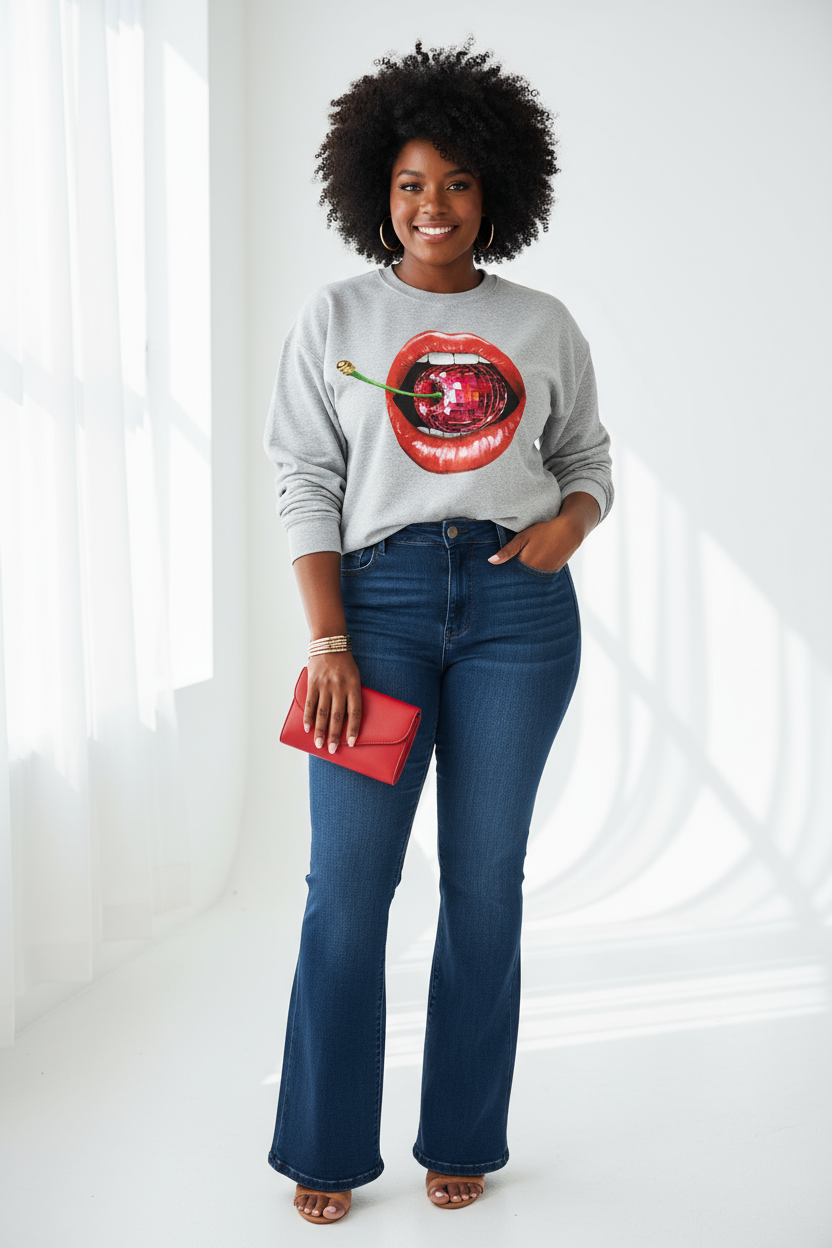 Black woman in disco cherry sweatshirt and jeans