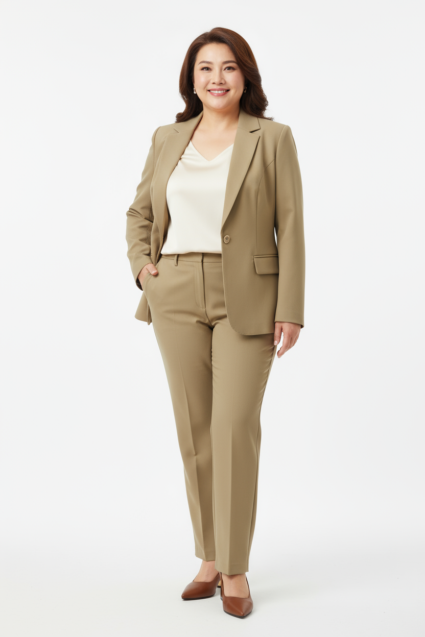 Business Basics Bundle - Mature woman wearing khaki pantsuit with metallic pumps