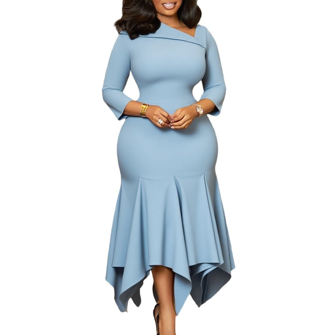 Diagonal Collar Fishtail Dress