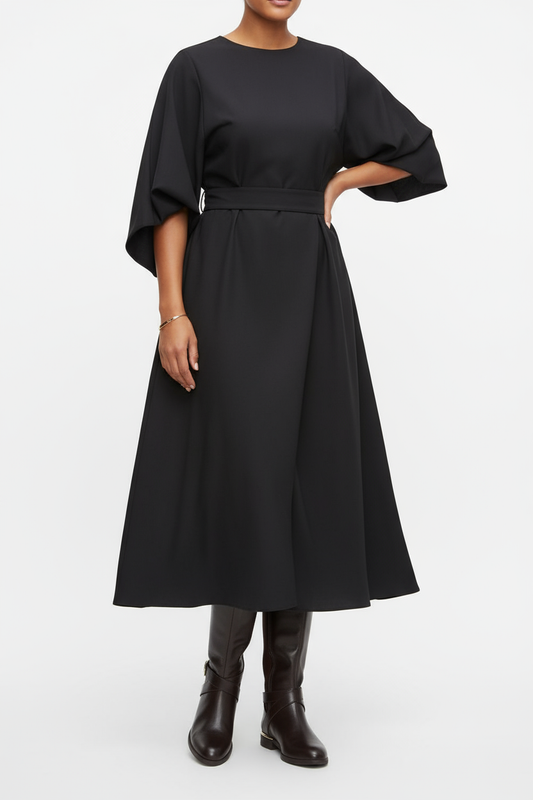 Chic Bundle three-quarter view - Batwing Dress and Snowd Riding Boot styled together