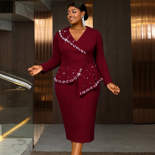 Plus Size V-Neck Long Sleeve Dress - Elegant & Flattering