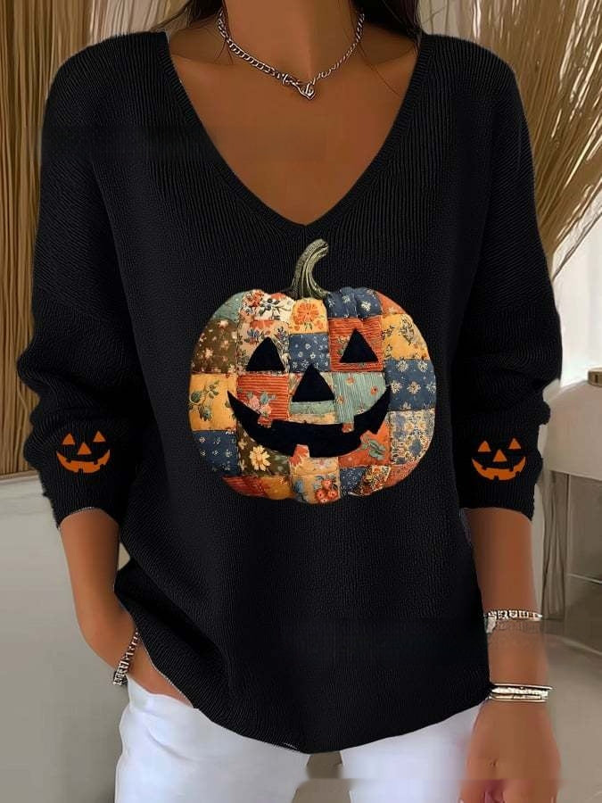 Women's Halloween/Fall Printed V-neck Sweater