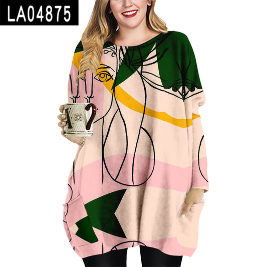 Abstract Face Plus Size Women's Crew Neck Top