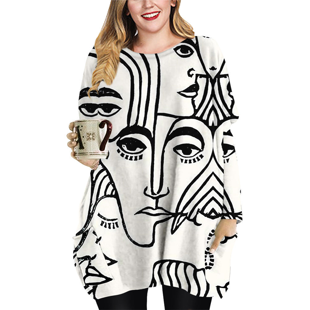 Abstract Face Plus Size Women's Crew Neck Top