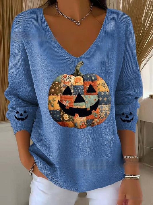 Women's Halloween/Fall Printed V-neck Sweater
