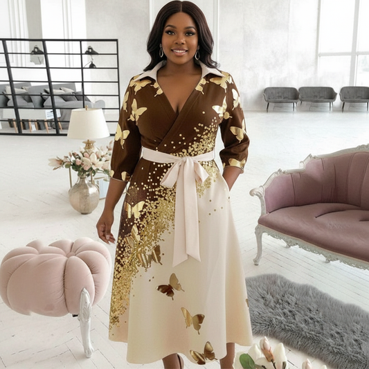 Heavier African-American plus-sized model in elegant butterfly starlight print dress