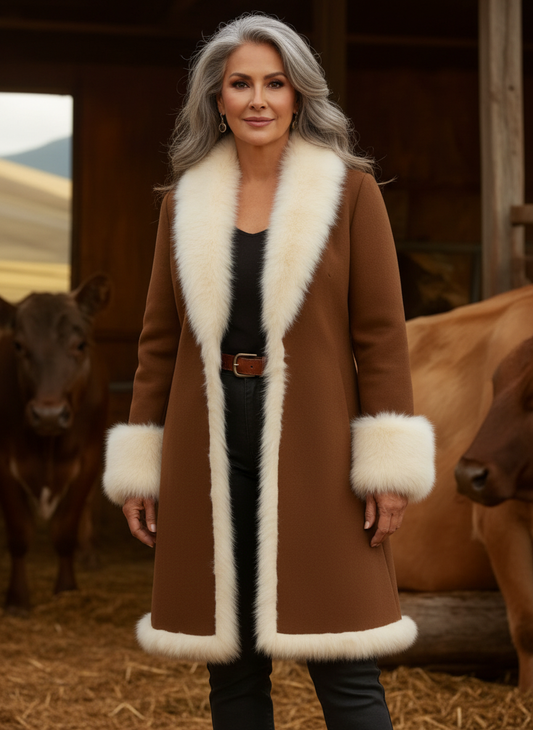 Heavier older Hispanic woman in plain brown woolen overcoat