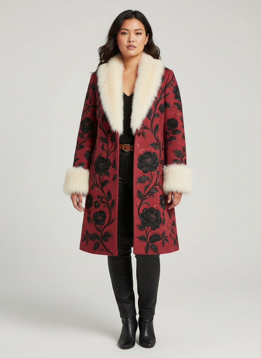 Heavier plus-sized Asian model in red rose woolen overcoat