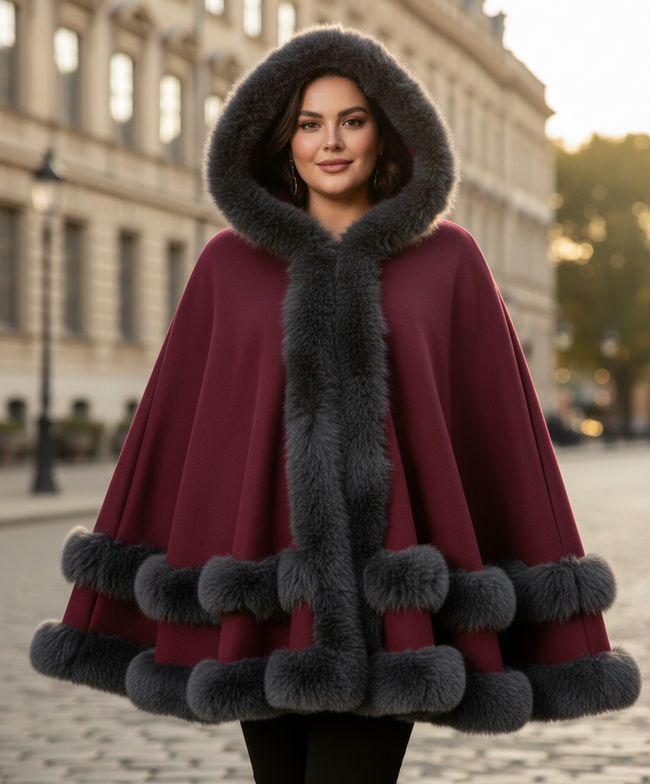Hispanic plus-sized model in burgundy coat