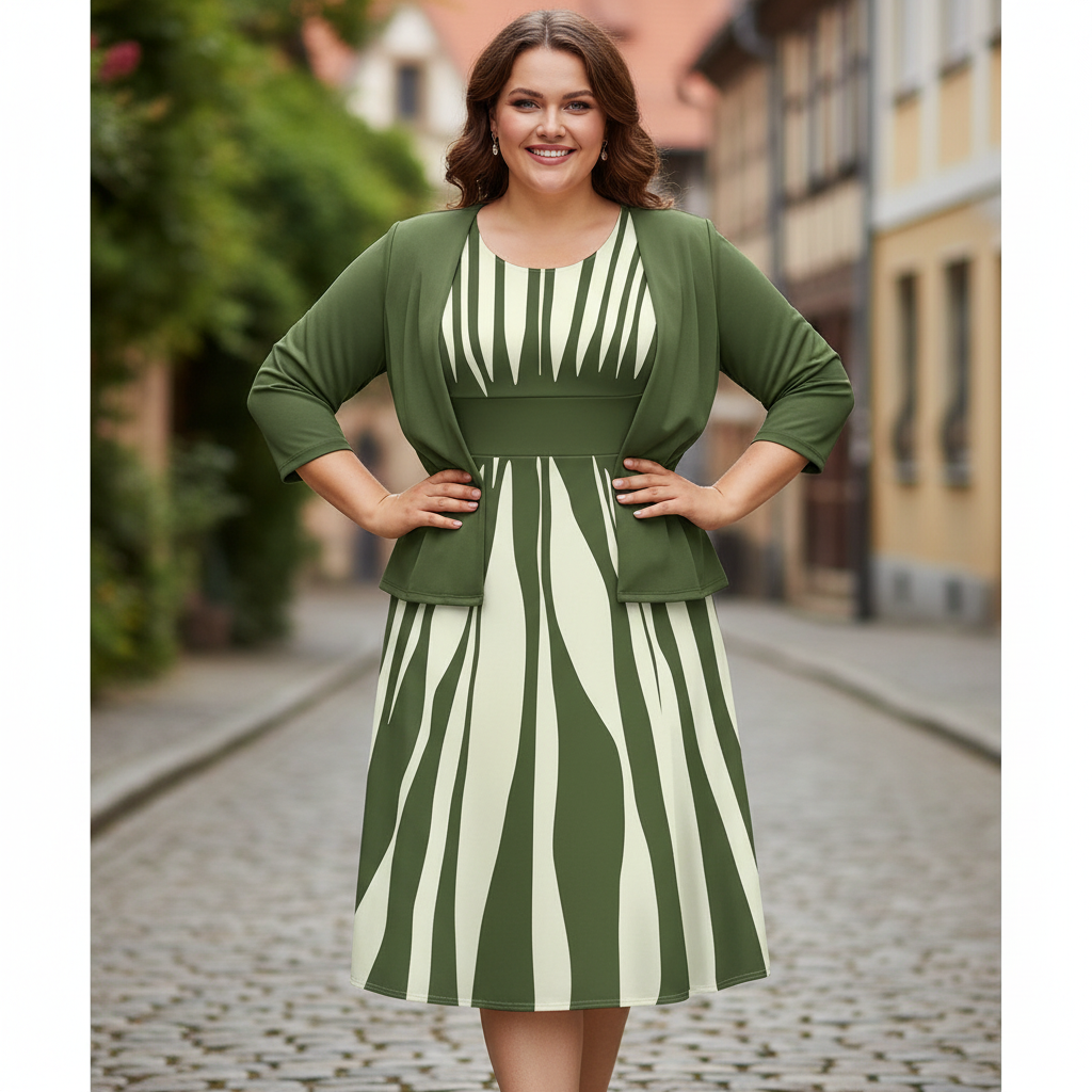 Larger plus-sized model in geometric print two-piece