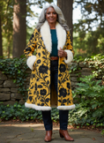 Load image into Gallery viewer, Older African-American plus-sized model in yellow daisy woolen overcoat
