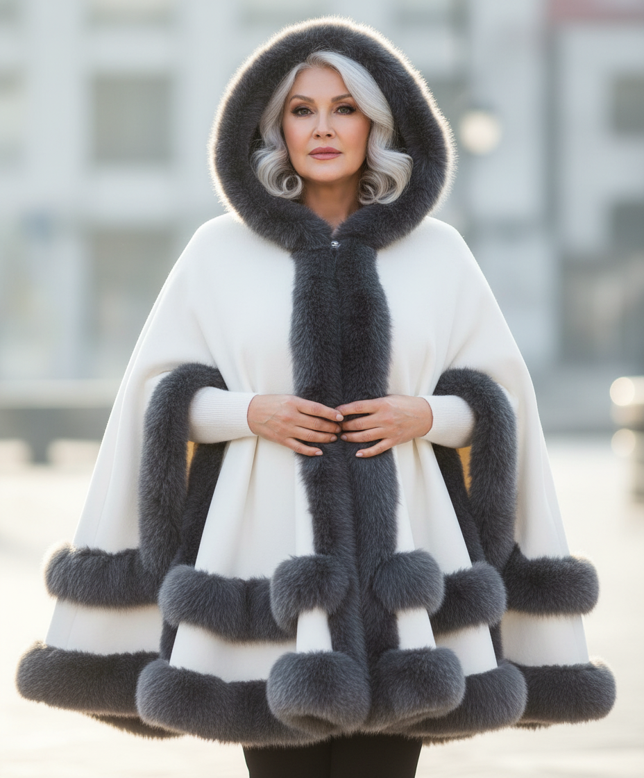 Older plus-sized model in white coat