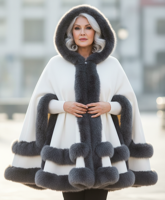 Older plus-sized model in white coat