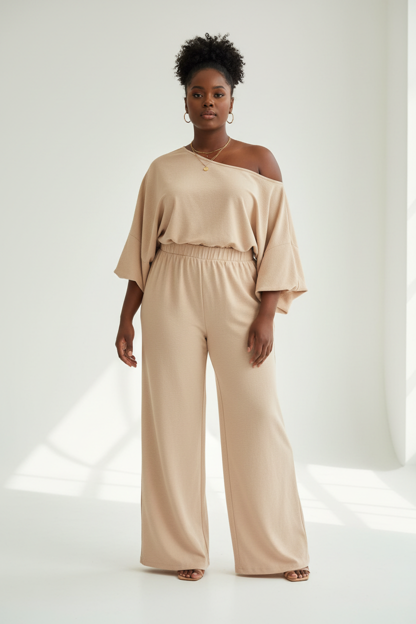 Plus Size One-Shoulder Top and Wide Leg Pants Set