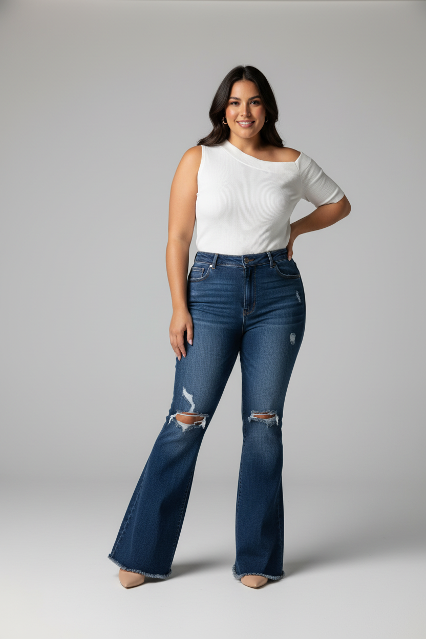 Full Size Distressed Raw Hem Flare Jeans Plus Size