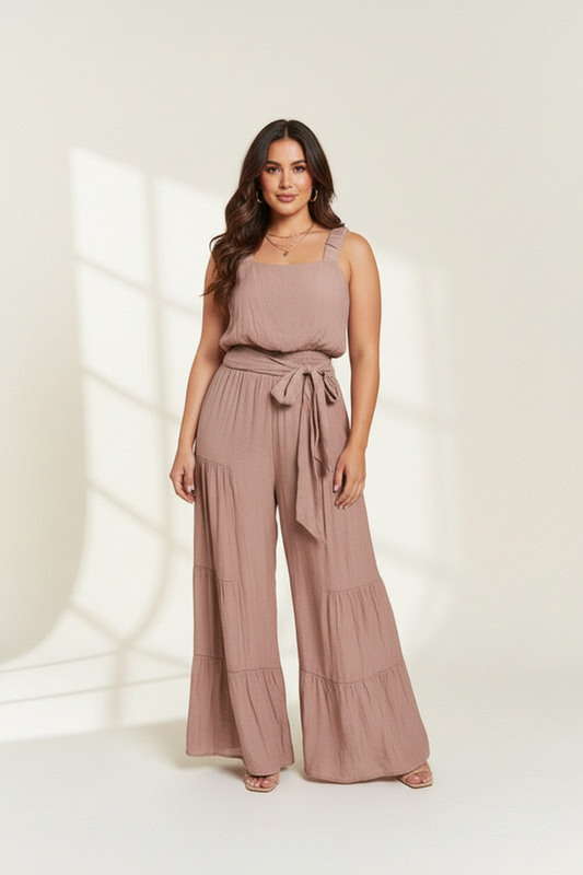 ELASTIC STRAP TIERED JUMPSUIT