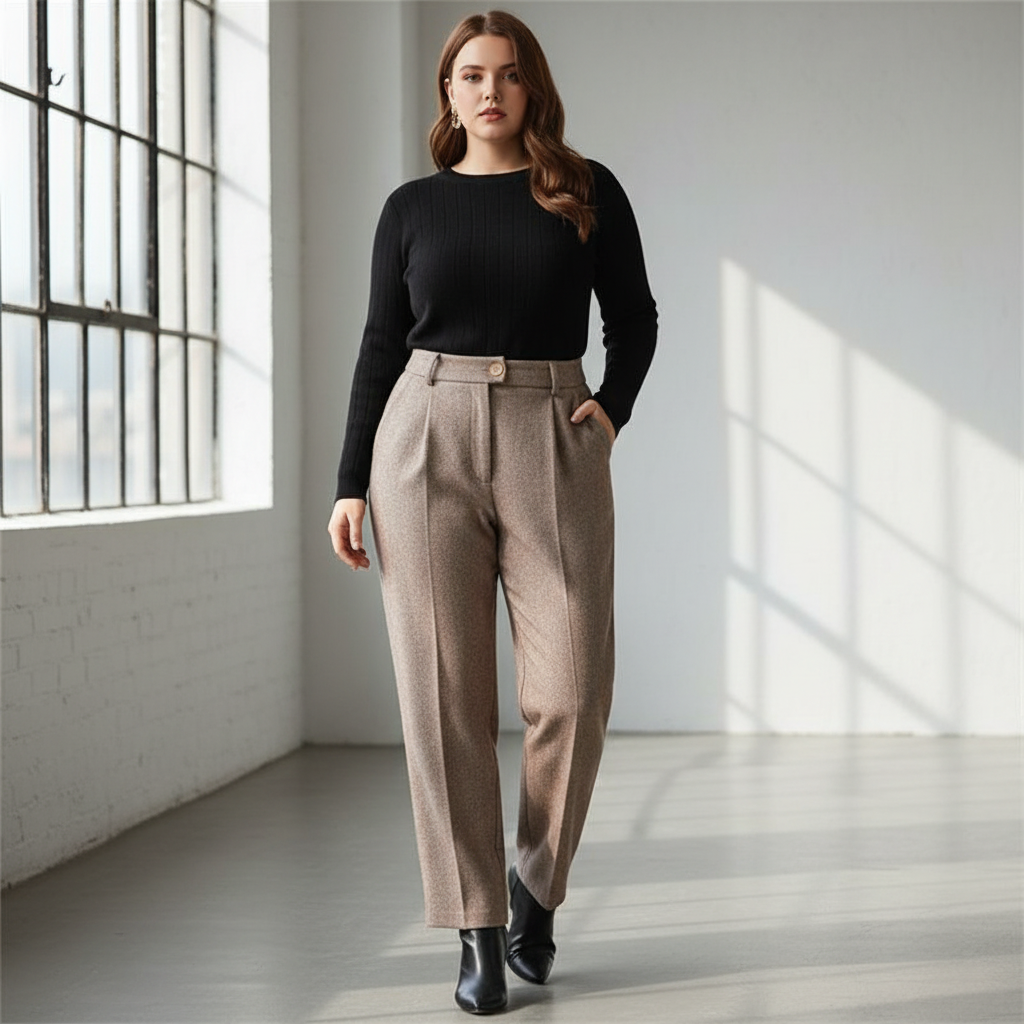 Plus-sized model in high waist slimming trousers