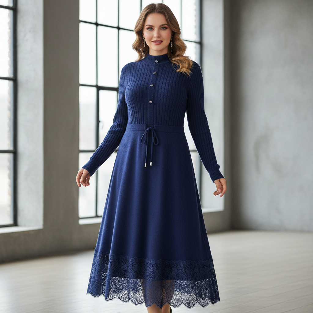 White Caucasian plus-sized model in blue mink fleece dress